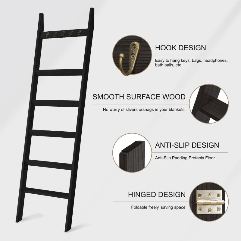 TEAKMAMA 6-Tier Blanket Ladder for Living Room and Bedroom,5.4 Ft Wall Leaning Quilt Rack with Hooks,Rustic Decorative Farmhouse Blanket Storage,Stylish Ladder Holder,Christmas Decorations,Black - Image 1