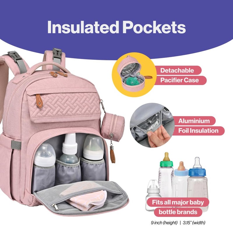 BabbleRoo Diaper Bag Backpack, Travel Backpack with Changing Pad, Pacifier Case & Stroller Straps, Multifunction, Waterproof, Unisex – Pink - Image 3