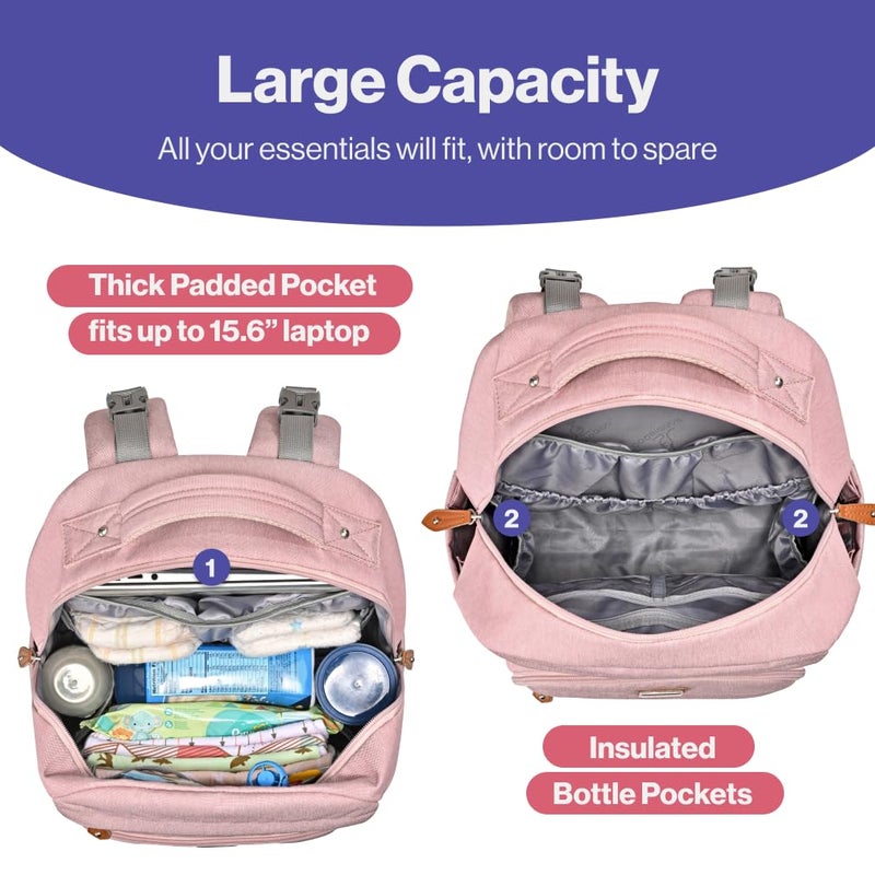 BabbleRoo Diaper Bag Backpack, Travel Backpack with Changing Pad, Pacifier Case & Stroller Straps, Multifunction, Waterproof, Unisex – Pink - Image 2
