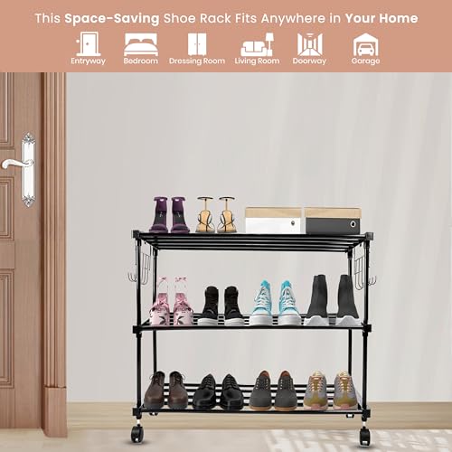 LEOPAX Shoe Rack, Multi Pairs Shoe Storage Organizer, 3 Tiers Shoe Stand, Easy Assembly Stackable Sturdy Shoe Tower with 2 Hooks, Metal Shoe Shelf for Entryway,Bedroom Black (85 x 31 x 56CM) - Image 3