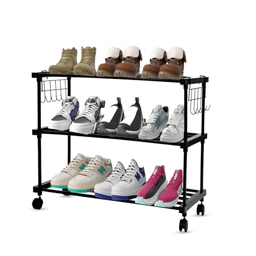 LEOPAX Shoe Rack, Multi Pairs Shoe Storage Organizer, 3 Tiers Shoe Stand, Easy Assembly Stackable Sturdy Shoe Tower with 2 Hooks, Metal Shoe Shelf for Entryway,Bedroom Black (85 x 31 x 56CM) - Image 1