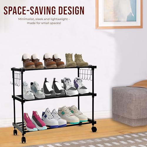 LEOPAX Shoe Rack, Multi Pairs Shoe Storage Organizer, 3 Tiers Shoe Stand, Easy Assembly Stackable Sturdy Shoe Tower with 2 Hooks, Metal Shoe Shelf for Entryway,Bedroom Black (85 x 31 x 56CM) - Image 2