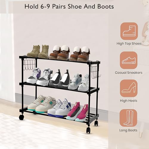 LEOPAX Shoe Rack, Multi Pairs Shoe Storage Organizer, 3 Tiers Shoe Stand, Easy Assembly Stackable Sturdy Shoe Tower with 2 Hooks, Metal Shoe Shelf for Entryway,Bedroom Black (85 x 31 x 56CM) - Image 4