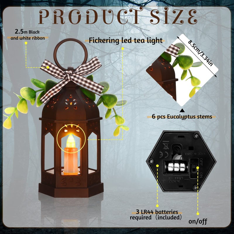 Hortsun 3 Pcs LED Ramadan Lanterns Farmhouse Tiered Tray Decor Vintage Rustic Decoration with LED Candle Hanging Rings Eucalyptus and Buffalo Plaid Bow for Table Centerpieces Home Decor Eid Gift(Black) - Image 2