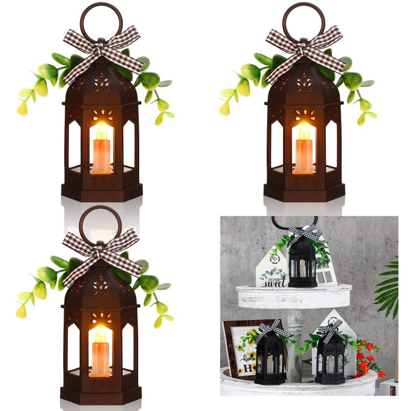 Hortsun 3 Pcs LED Ramadan Lanterns Farmhouse Tiered Tray Decor Vintage Rustic Decoration with LED Candle Hanging Rings Eucalyptus and Buffalo Plaid Bow for Table Centerpieces Home Decor Eid Gift(Black) - Image 1