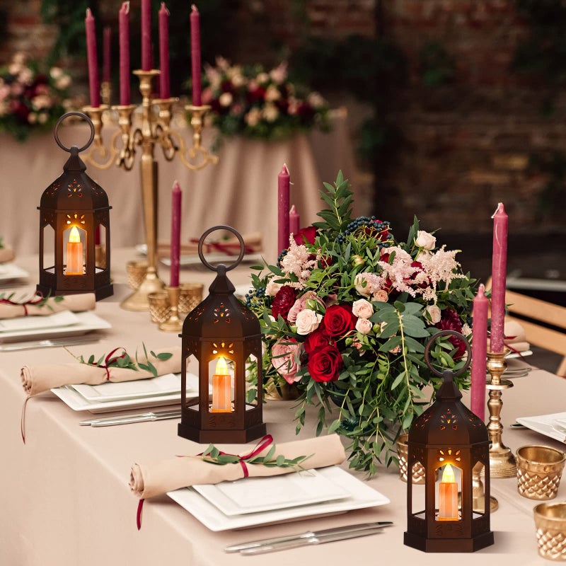 Hortsun 3 Pcs LED Ramadan Lanterns Farmhouse Tiered Tray Decor Vintage Rustic Decoration with LED Candle Hanging Rings Eucalyptus and Buffalo Plaid Bow for Table Centerpieces Home Decor Eid Gift(Black) - Image 4