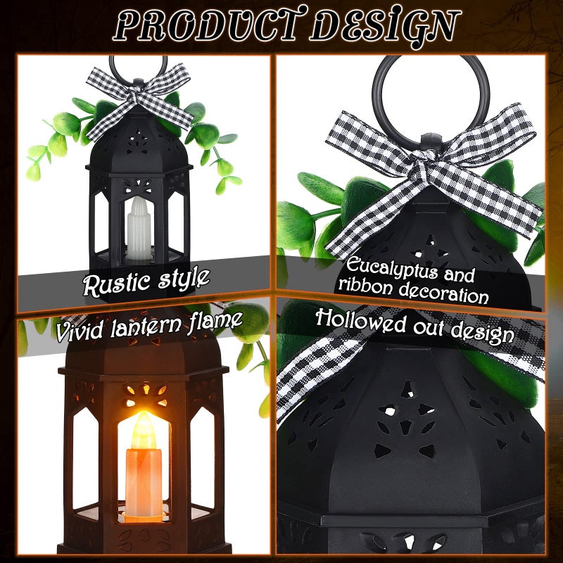 Hortsun 3 Pcs LED Ramadan Lanterns Farmhouse Tiered Tray Decor Vintage Rustic Decoration with LED Candle Hanging Rings Eucalyptus and Buffalo Plaid Bow for Table Centerpieces Home Decor Eid Gift(Black) - Image 3