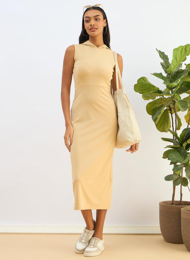 Sassafras Beige Hooded Knit Bodycon Midi Dress - Image 5