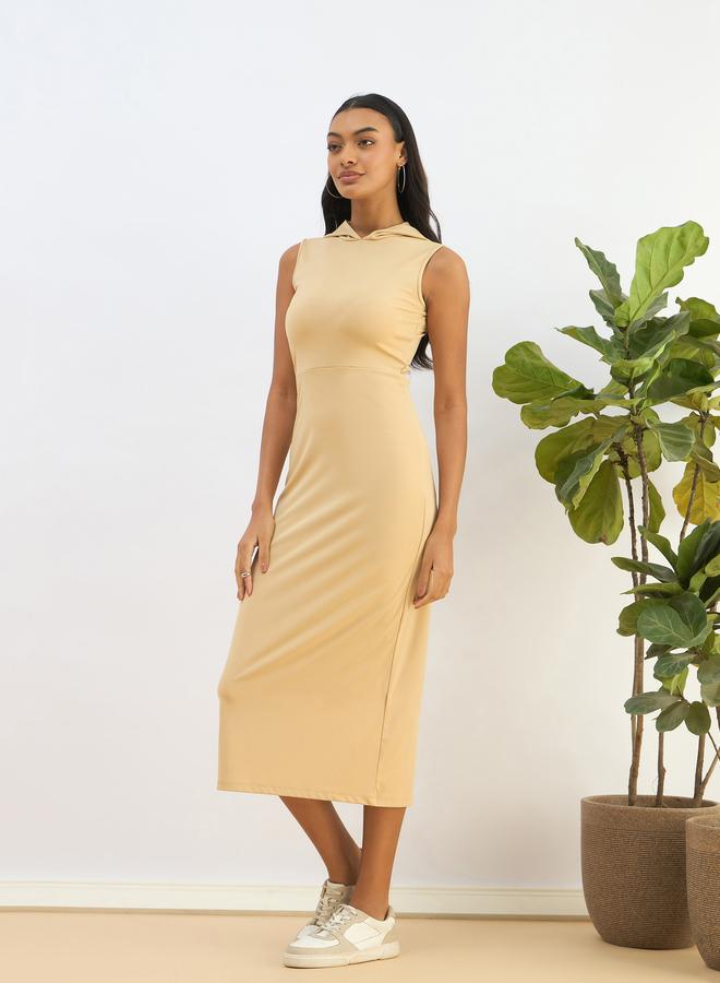 Sassafras Beige Hooded Knit Bodycon Midi Dress - Image 3