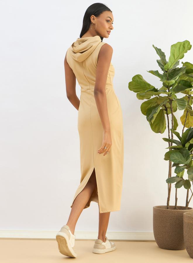 Sassafras Beige Hooded Knit Bodycon Midi Dress - Image 1