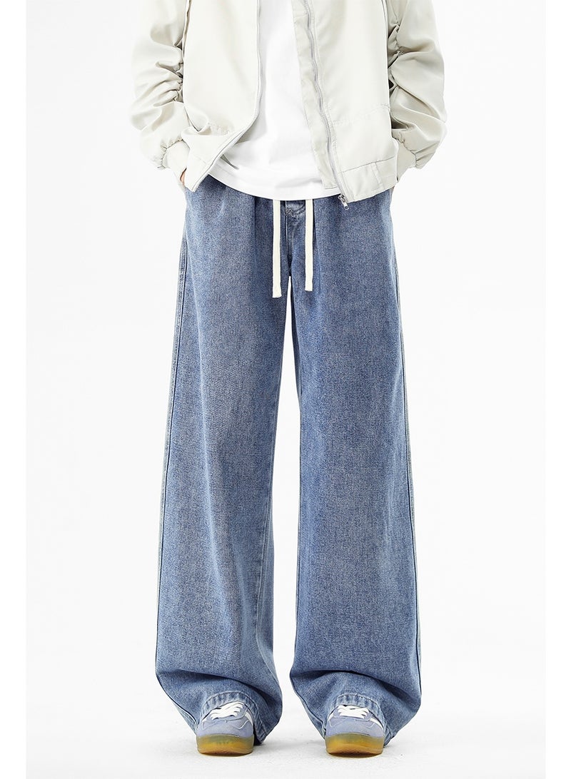 بنطلون جينز رجالي فضفاض غير رسمي بحزام خصر مطاطي ورباط، بالإضافة إلى جيوب - مريح وخفيف الوزن وأنيق - Image 2