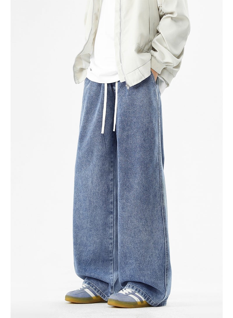 بنطلون جينز رجالي فضفاض غير رسمي بحزام خصر مطاطي ورباط، بالإضافة إلى جيوب - مريح وخفيف الوزن وأنيق - Image 4