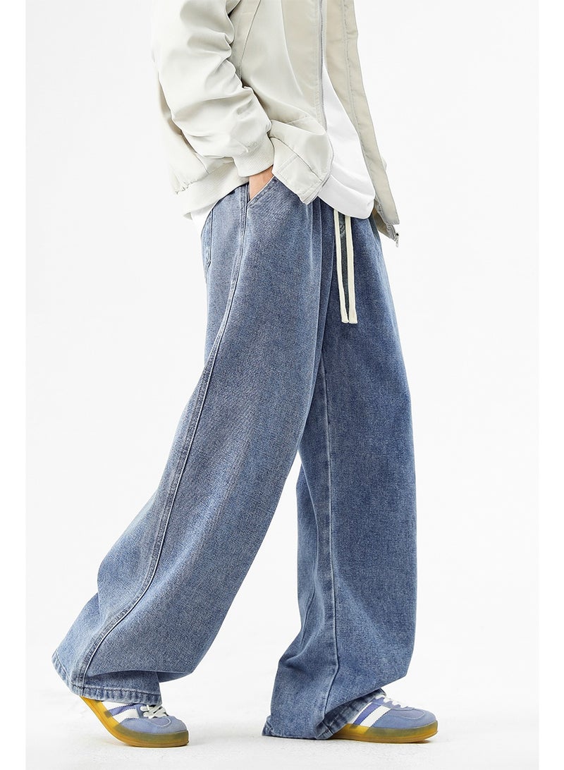 بنطلون جينز رجالي فضفاض غير رسمي بحزام خصر مطاطي ورباط، بالإضافة إلى جيوب - مريح وخفيف الوزن وأنيق - Image 5