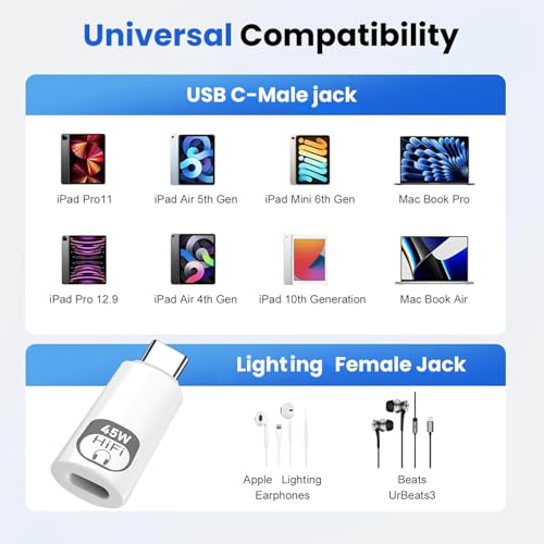 Verilux® 2 in 1 Lighting to C Earphone Converter, PD 45W Type C Male to Lighting Female Adapter with 480Mbps High-Speed Data Transmission for iPhone 17/16/15 Series, iPad mini/Air/Pro - Image 2