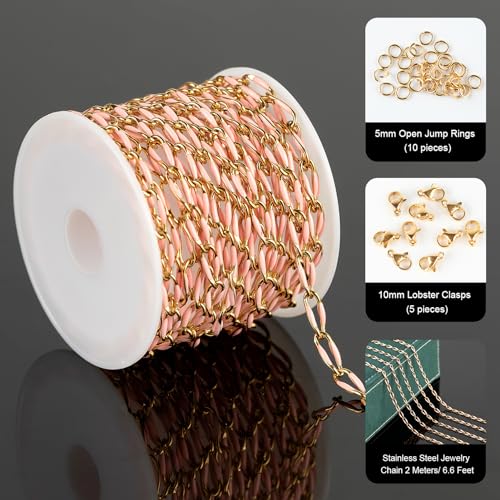 UMAOKANG 6.6 Feet Bulk Chain for Jewelry Making Gold Plated Stainless Steel Jewelry Making Supplies Necklace Bracelet DIY Pink Enamel Cable Chain - Image 2