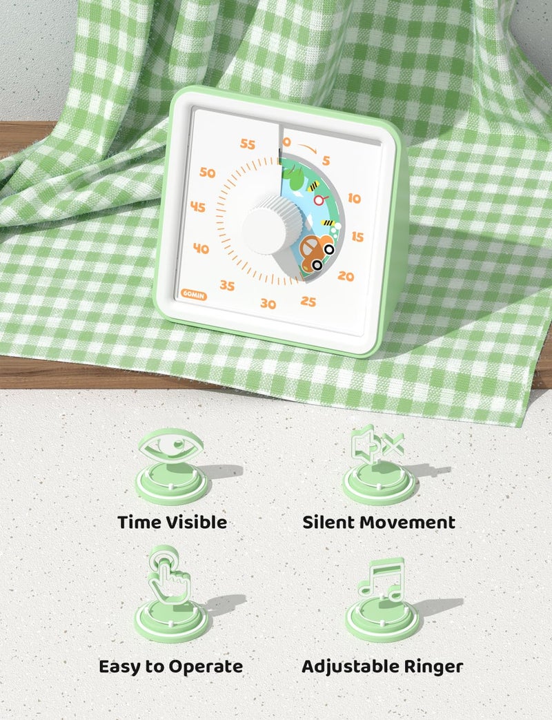 LIORQUE 60 Minute Visual Timer for Kids, Visual Countdown Timer for Classroom Office Kitchen with 'Car' Pattern Design, Pomodoro Timer with Silent Operation (Batteries Included) - Image 4