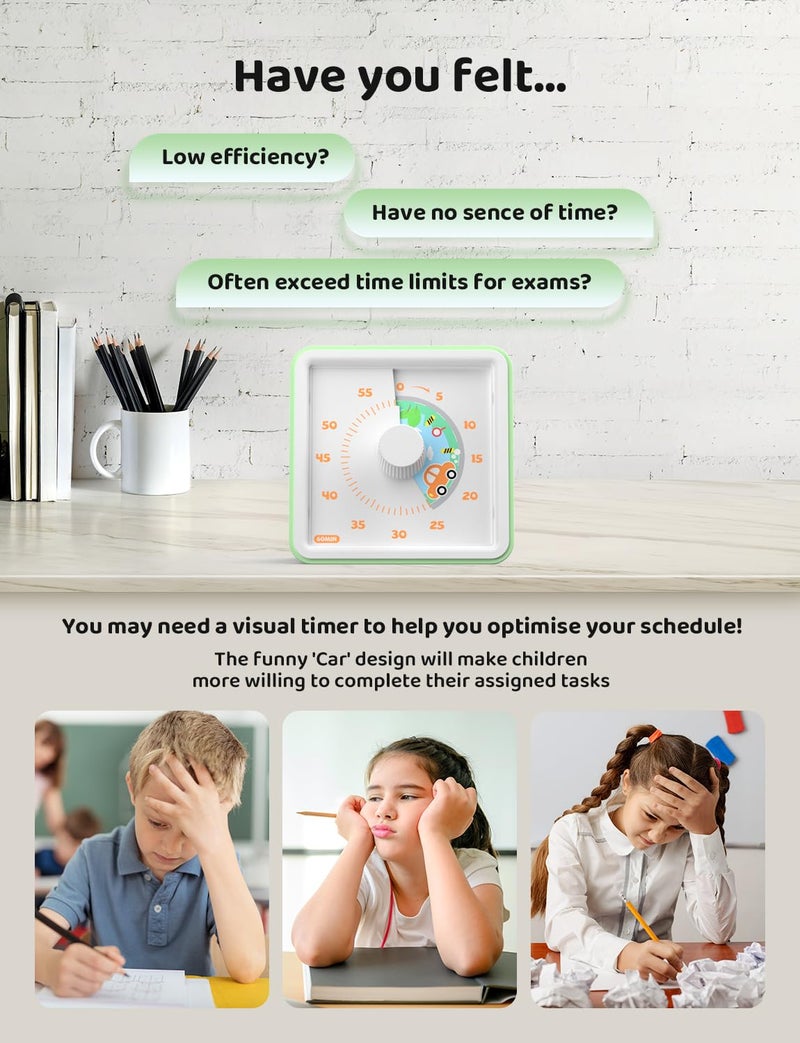 LIORQUE 60 Minute Visual Timer for Kids, Visual Countdown Timer for Classroom Office Kitchen with 'Car' Pattern Design, Pomodoro Timer with Silent Operation (Batteries Included) - Image 3