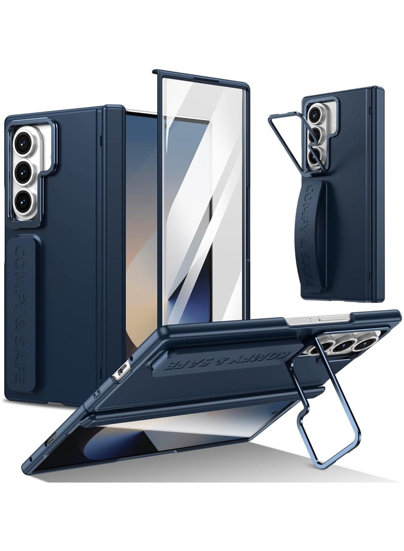 general Case Compatible with Samsung Galaxy Z Fold7 Built-in Front Screen Protection & Elastic Wrist Strap & Lens Protection Stand Folding Protective Cover