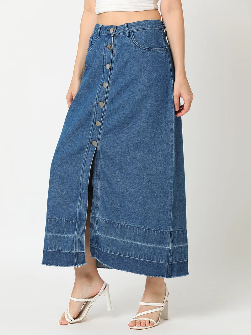 جلو باص جوبس تنورة ماكسي قطن نسائية بفتحة أمامية من قماش الدنيم المغسول