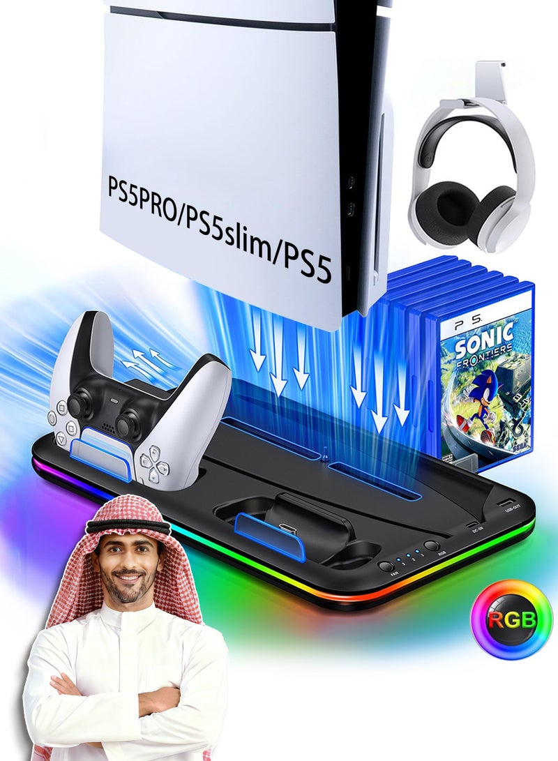 سايتاك حامل شحن وحدة تحكم PS5 Slim مع محطة تبريد Turbo مزودة مروحة بثلاثة مستويات وإضاءة RGB وحامل سماعة رأس وسعة تخزين 15 لعبة لنسختي PS5 Digital وDisc للاستخدام اليومي والهدايا - Image 1