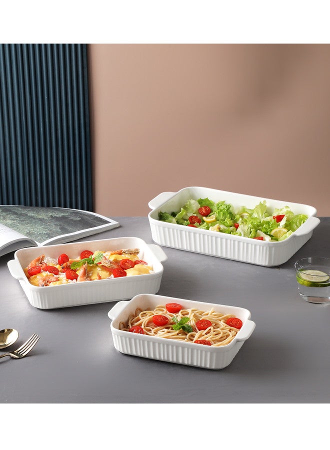 دوف طقم صواني للفرن مستطيل بمسكة مكون من 3 قطع سعة  10 + 12 + 14 انش باللون الأبيض