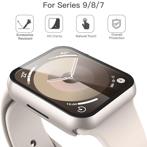 Misxi 2 Pack Hard PC Case with Tempered Glass Screen Protector Compatible with Apple Watch Series 9 Series 8 Series 7 41mm, Anti-Drop Scratch Resistant Lightweight Cover for iWatch, 2 Starlight - Image 2
