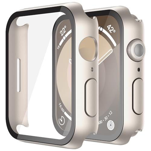 Misxi 2 Pack Hard PC Case with Tempered Glass Screen Protector Compatible with Apple Watch Series 9 Series 8 Series 7 41mm, Anti-Drop Scratch Resistant Lightweight Cover for iWatch, 2 Starlight - Image 1