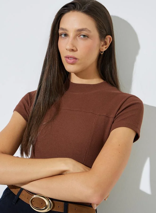 ستايلي Brown Ribbed Round Neck Fitted T-Shirt