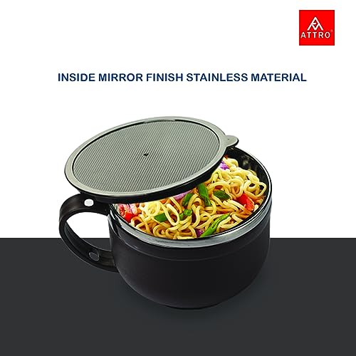 Attro Noodles Bowl Comes with Inner Stainless Steel & Lid Soup Bowl and Spoon Holder,Light Weight,Stackable,Perfect for Noodles,Maggie,soups-500ml Black - Image 3