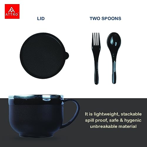 Attro Noodles Bowl Comes with Inner Stainless Steel & Lid Soup Bowl and Spoon Holder,Light Weight,Stackable,Perfect for Noodles,Maggie,soups-500ml Black - Image 2
