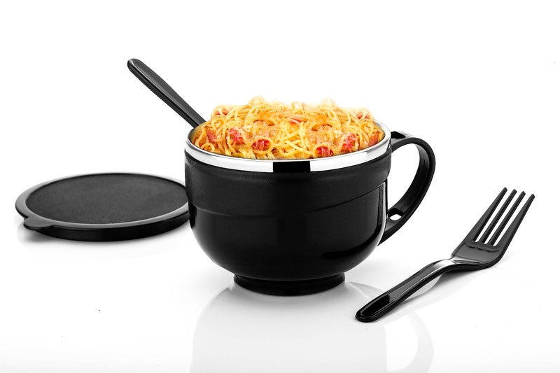 Attro Noodles Bowl Comes with Inner Stainless Steel & Lid Soup Bowl and Spoon Holder,Light Weight,Stackable,Perfect for Noodles,Maggie,soups-500ml Black - Image 1