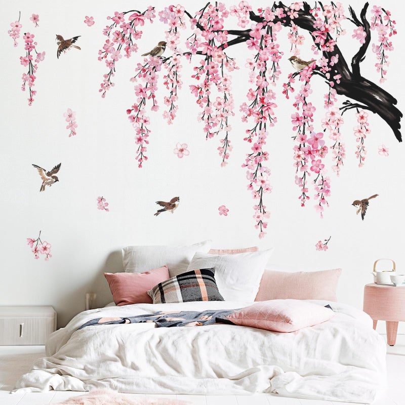 wondever wondever Large Flower Tree Branch Wall Stickers Pink Cherry Blossom Floral Birds Wall Art Decals for Living Room Bedroom TV Wall (150cm*143cm)  - Image 3
