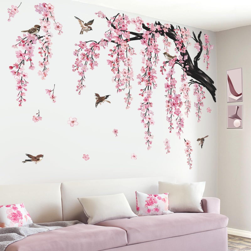 wondever wondever Large Flower Tree Branch Wall Stickers Pink Cherry Blossom Floral Birds Wall Art Decals for Living Room Bedroom TV Wall (150cm*143cm)  - Image 4