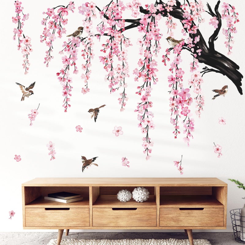 wondever wondever Large Flower Tree Branch Wall Stickers Pink Cherry Blossom Floral Birds Wall Art Decals for Living Room Bedroom TV Wall (150cm*143cm)  - Image 1