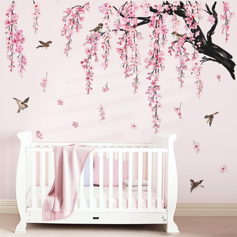 wondever wondever Large Flower Tree Branch Wall Stickers Pink Cherry Blossom Floral Birds Wall Art Decals for Living Room Bedroom TV Wall (150cm*143cm)  - Image 2