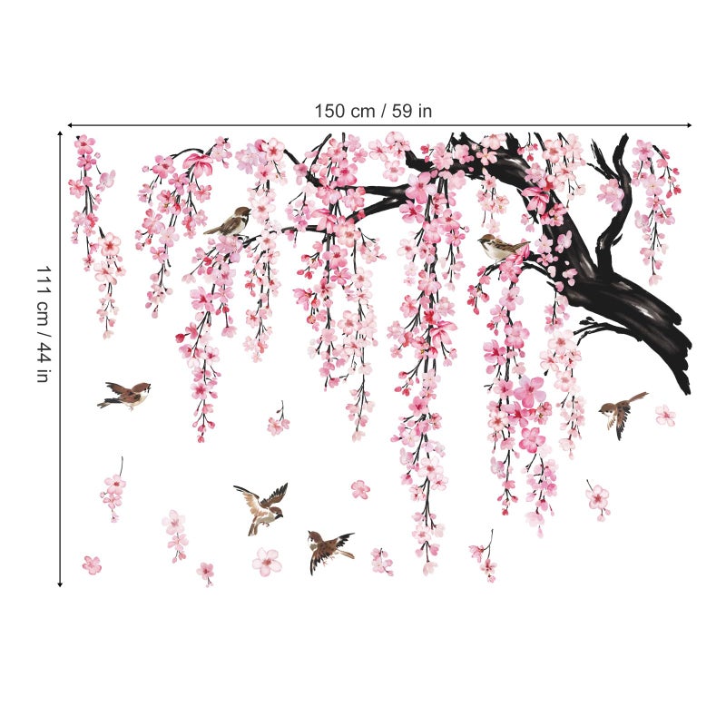 wondever wondever Large Flower Tree Branch Wall Stickers Pink Cherry Blossom Floral Birds Wall Art Decals for Living Room Bedroom TV Wall (150cm*143cm)  - Image 5