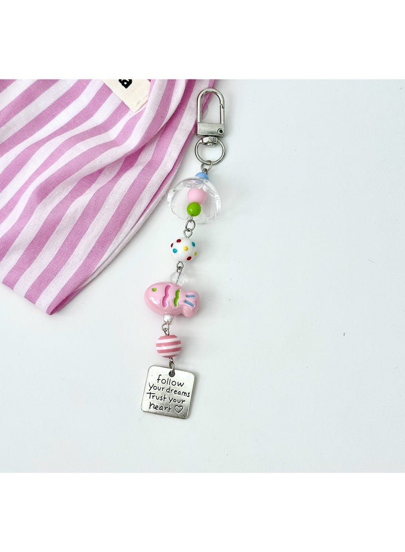 NIBEMINENT Beaded Phone Lanyard, Anti Lost Removable Wrist Strap, Rainbow Healing Goldfish Wind Chime Bracelet Pendant, Phone Keychain Lanyard, White