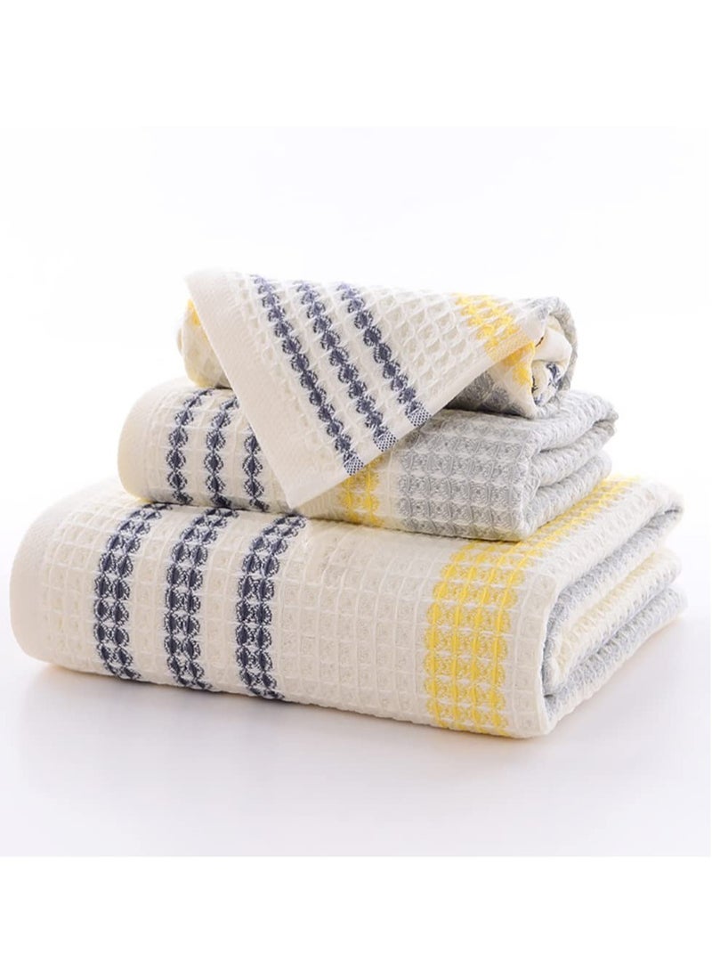 Striped Cotton Towel Set - Quick Drying Yellow, Grey & Black - 1 Bath Towel, 1 Hand Towel, 1 Washcloth - Ultra Soft, Lightweight & Absorbent for Home & Travel Use - Image 1