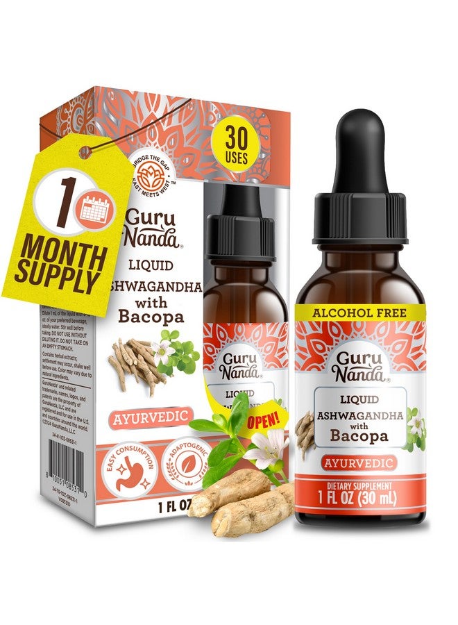 GuruNanda Liquid Ashwagandha with Bacopa (1 Fl Oz) - Natural Dietary Supplement- Liquid Extract Drops - for Men & Women- Vegan & Alcohol-Free - Aids in Immune, Focus & Relaxation Support - Image 1