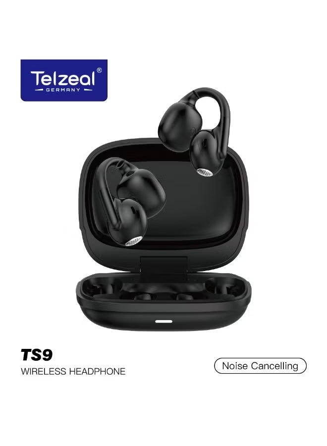 تلزيل TS9 Wireless Open Earbuds in Black with 24H Playtime, Comfortable Ergonomic Fit, AI Noise Cancelling Technology, Dual Microphones for Crystal-Clear Calls, HD Stereo Sound, Fast Charging Case, Perfect for Music, Calls, and Sports - Image 1