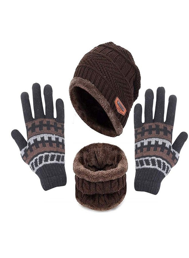 V3E قبعة شتوية صوفية من V3E مع وشاح للرقبة وقفازات مطبوعة للأولاد والبنات / قبعات شتوية للرجال / قبعة صوفية (3 قطع) - (بني) - Image 1