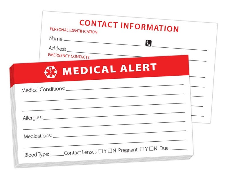 PILL THING Medical Alert ID Wallet Card 10 Pack for Emergencies Heavyweight Card Stock Bright Red Easy to Read Made In USA Could save your Life