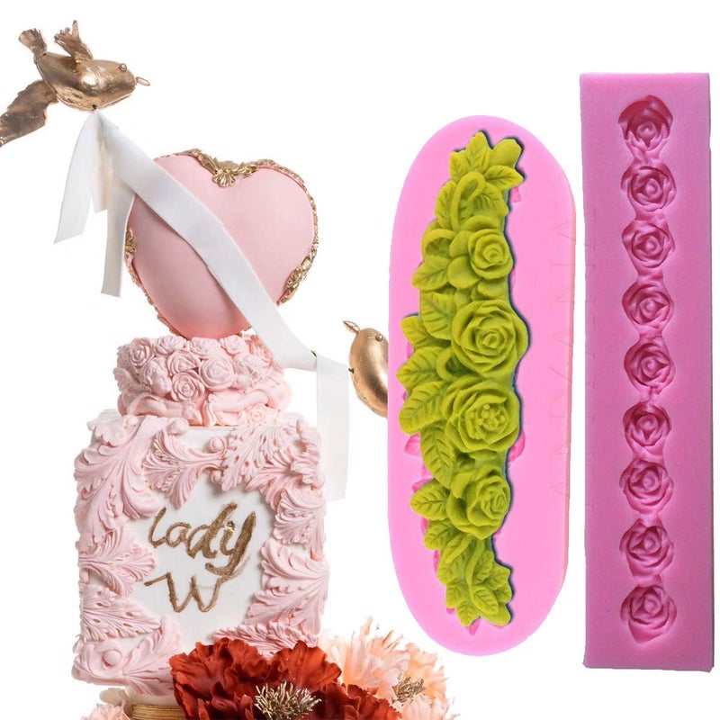 Anyana long rose garland bead line flower vine silicone border mould cake Fondant gum paste mold for Sugar paste wedding party cupcake decorating topper decoration sugarcraft decor set of 2