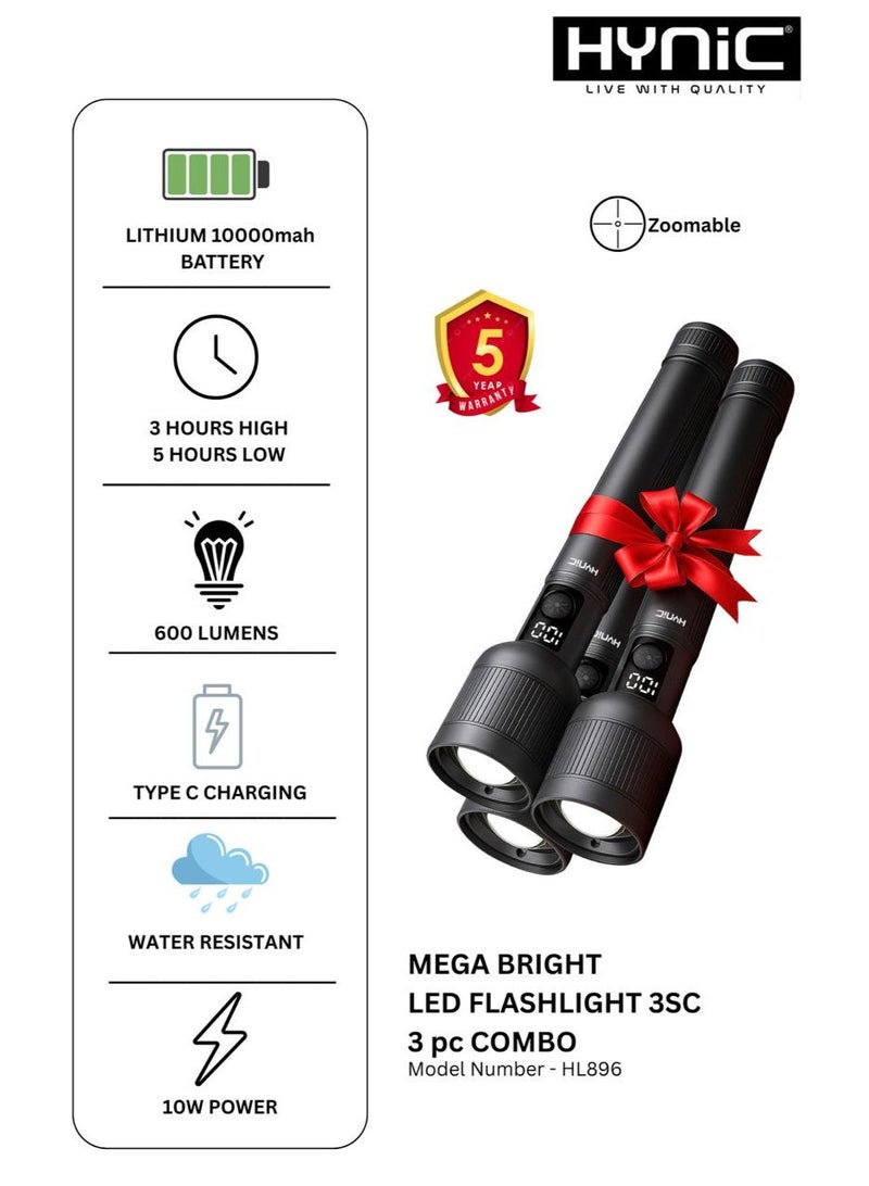 هاينك مصباح LED فائق الإضاءة | مجموعة كومبو مكونة من 3 قطع | قابلة لإعادة الشحن، قابلة للتكبير، شاشة طاقة رقمية، 600 لومن، مقاومة للماء - Image 1