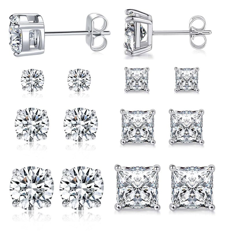 18K White Gold Plated CZ Stud Earrings Set Princess/Round Cubic Zirconia Hypoallergenic Jewelry for Women Men 6 Pairs (white gold plated)
