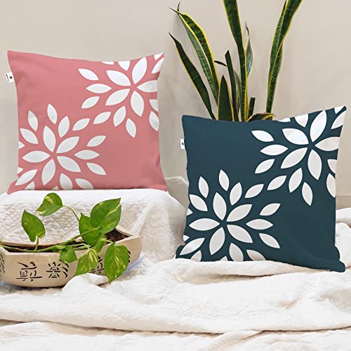 BRICK HOME Set of 2 Printed Polycotton Cushion Covers 24x24 Inches | Geometric & Floral Pattern | Navy Blue, Blush Pink & White | Soft Fabric Decorative Pillow Covers for Sofa, Couch & Living Room - Image 1