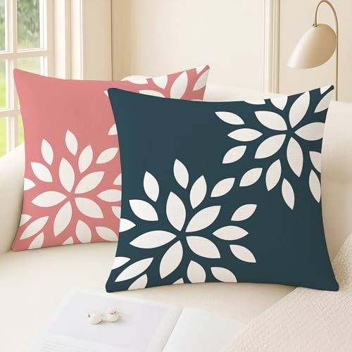 BRICK HOME Set of 2 Printed Polycotton Cushion Covers 24x24 Inches | Geometric & Floral Pattern | Navy Blue, Blush Pink & White | Soft Fabric Decorative Pillow Covers for Sofa, Couch & Living Room - Image 2