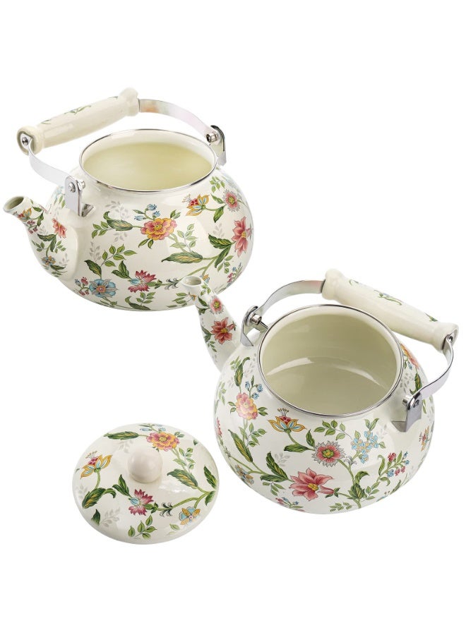 HaHaHai 2.5L tea Kettle & Coffee Pot，Flower Pattern tea Kettle，Vintage Enamel Tea Kettle, Green Floral Enamel on Steel Teapot with Cool Touch Porcelain Handle for Stovetop Home Kitchen Decor - Image 4