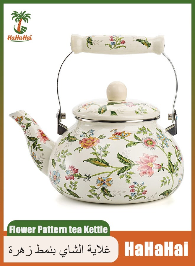 HaHaHai 2.5L tea Kettle & Coffee Pot，Flower Pattern tea Kettle，Vintage Enamel Tea Kettle, Green Floral Enamel on Steel Teapot with Cool Touch Porcelain Handle for Stovetop Home Kitchen Decor - Image 1