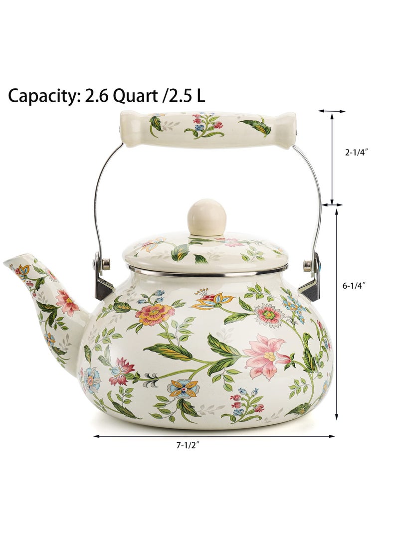 HaHaHai 2.5L tea Kettle & Coffee Pot，Flower Pattern tea Kettle，Vintage Enamel Tea Kettle, Green Floral Enamel on Steel Teapot with Cool Touch Porcelain Handle for Stovetop Home Kitchen Decor - Image 3